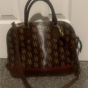 Pattern Brown Leather Dome Satchel with Red Accent